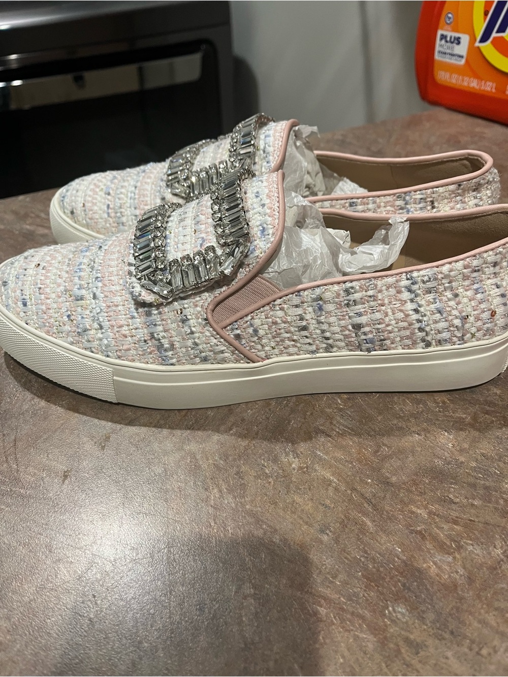 Karl Lagerfeld Pastel Tweed Slip-On Loafers with Crystal Embellishment - Picture 7 of 7